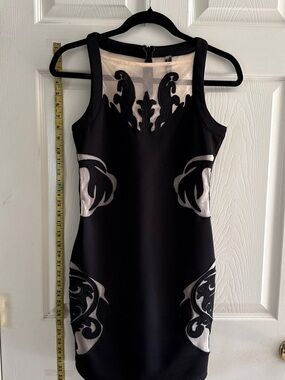 Poof Couture Black Mini Dress with Ivory Applique, new
